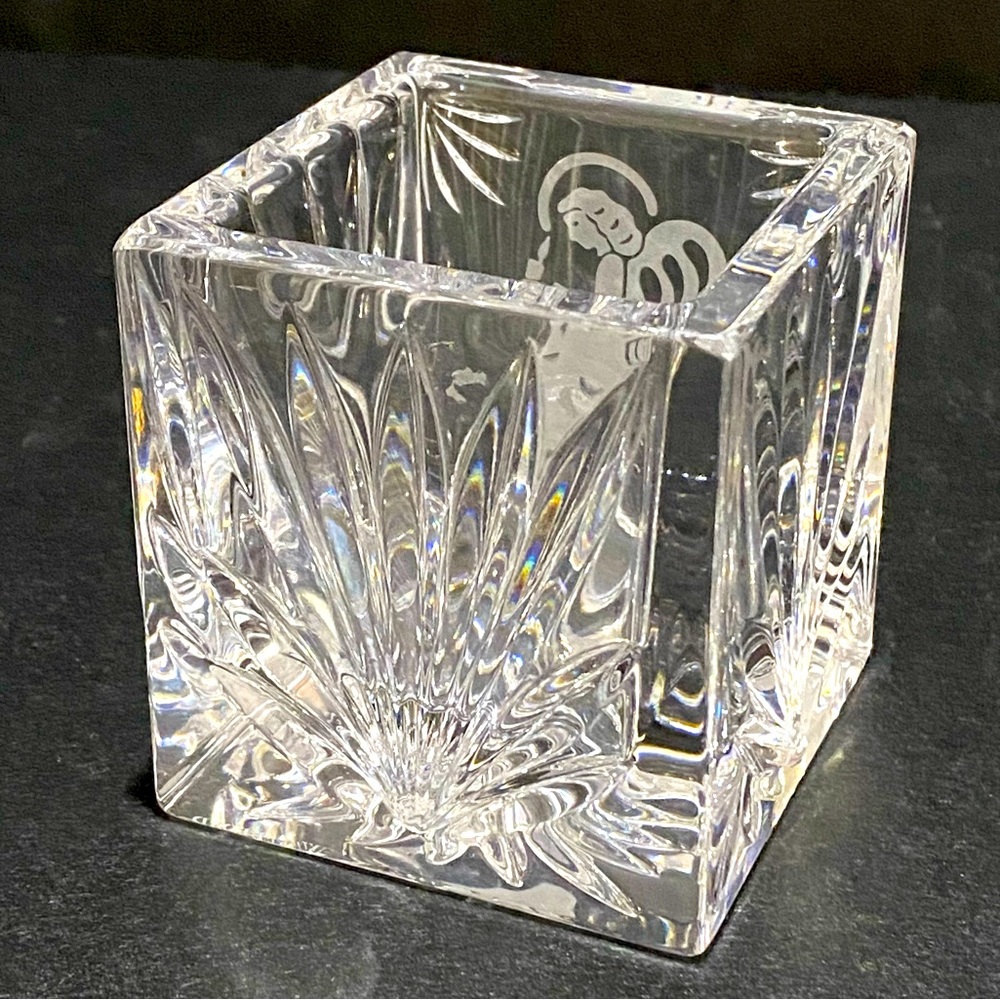Waterford "Wedge Cut" Crystal Square Votive Candle Holder 3" Etched Angel Signed - Picture 4 of 9
